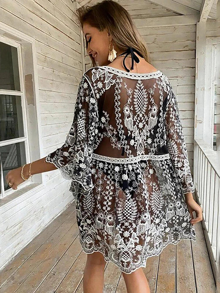 Women Lace V Neck Batwing Sleeve Sheer Floral Embroidery Swimsuit Bikini Beach Cover Up Dresses jehouze 