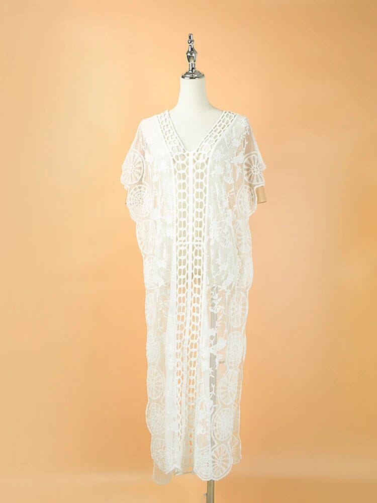 Women Lace V Neck See Through Bohemian Outing Hollow Out Summer Short Sleeve Beach Cover Up Dress_ jehouze 