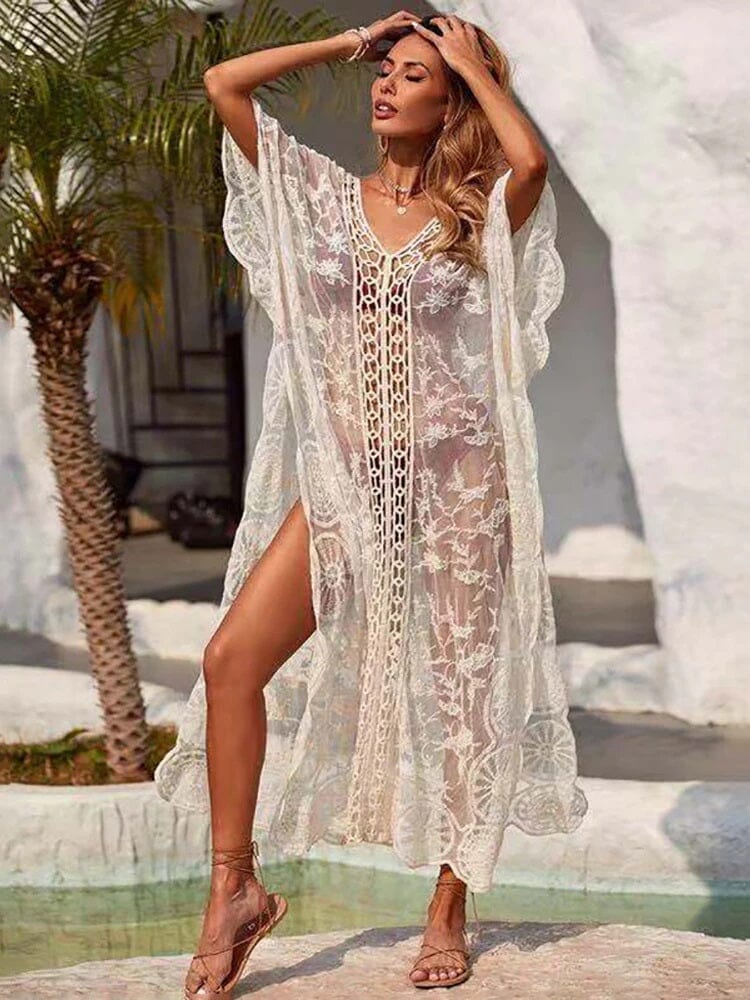 Women Lace V Neck See Through Bohemian Outing Hollow Out Summer Short Sleeve Beach Cover Up Dress_ jehouze white One Size 
