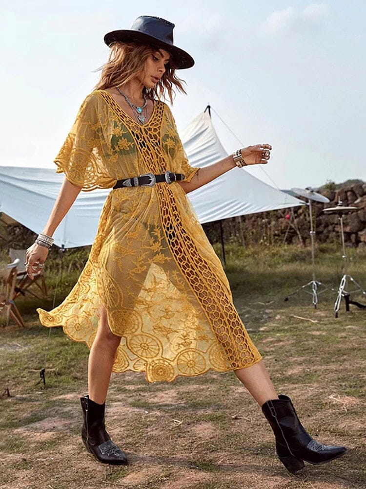 Women Lace V Neck See Through Bohemian Outing Hollow Out Summer Short Sleeve Beach Cover Up Dress_ jehouze yellow One Size 