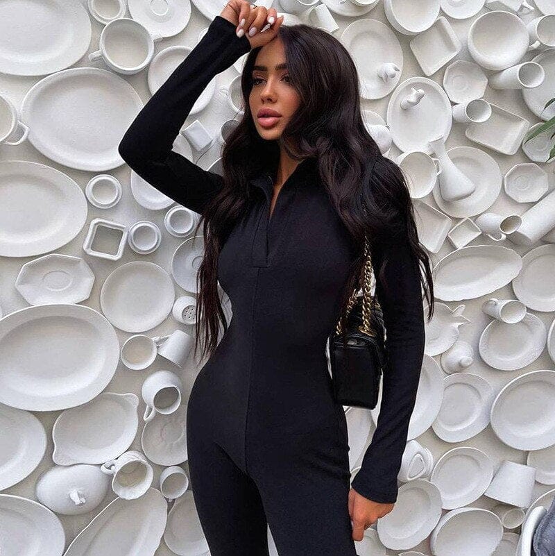 Womens Zipper One Piece Bodycon Jumpsuit Long Sleeve Full Length Playsuit