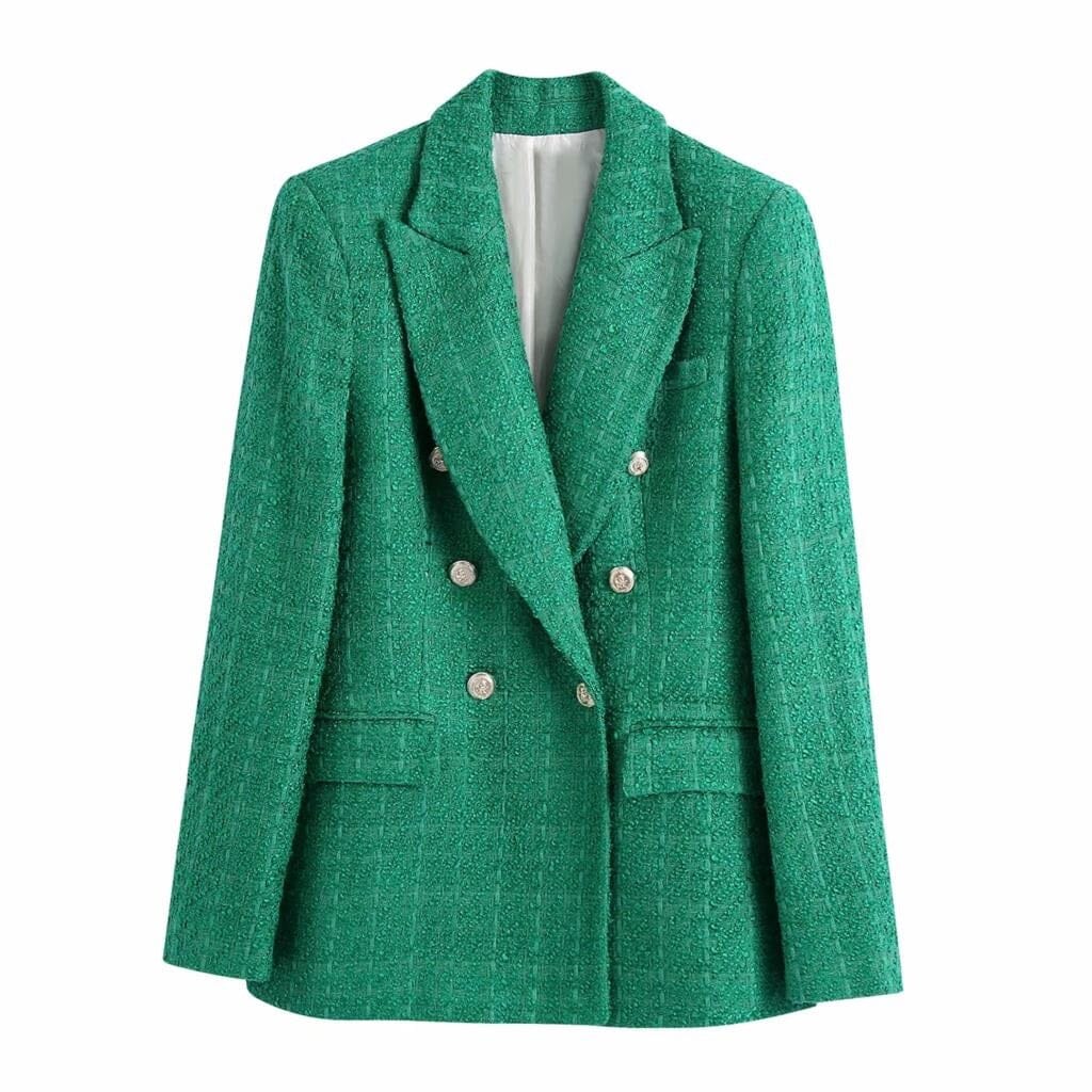 Women Long Sleeve Double Breasted Tweed Woolen Casual Open Front Blazer Jacket Outerwear Work Suits Coats & Jackets jehouze Green XS 