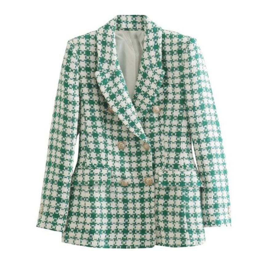Women Long Sleeve Double Breasted Tweed Woolen Casual Open Front Blazer Jacket Outerwear Work Suits Coats & Jackets jehouze Green1 XS 