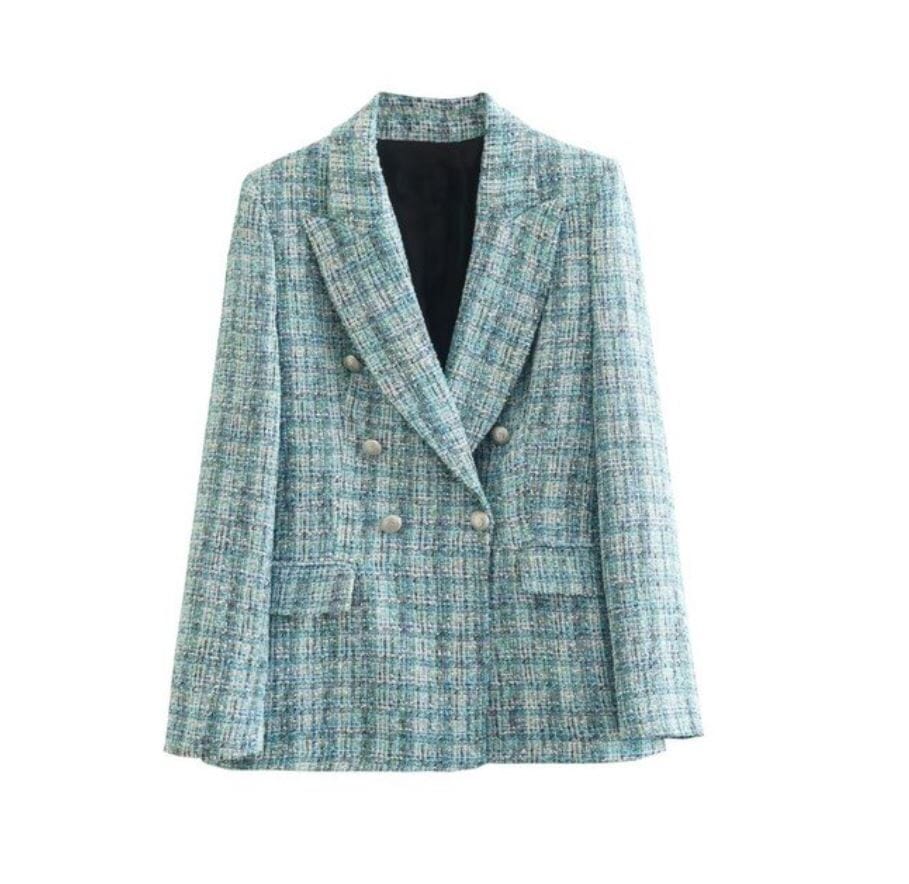 Women Long Sleeve Double Breasted Tweed Woolen Casual Open Front Blazer Jacket Outerwear Work Suits Coats & Jackets jehouze Light Blue1 XS 