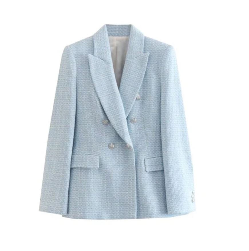 Women Long Sleeve Double Breasted Tweed Woolen Casual Open Front Blazer Jacket Outerwear Work Suits Coats & Jackets jehouze Light Blue2 XS 