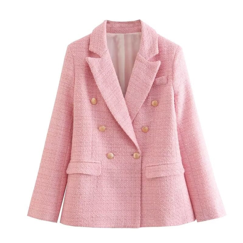 Women Long Sleeve Double Breasted Tweed Woolen Casual Open Front Blazer Jacket Outerwear Work Suits Coats & Jackets jehouze Pink XS 