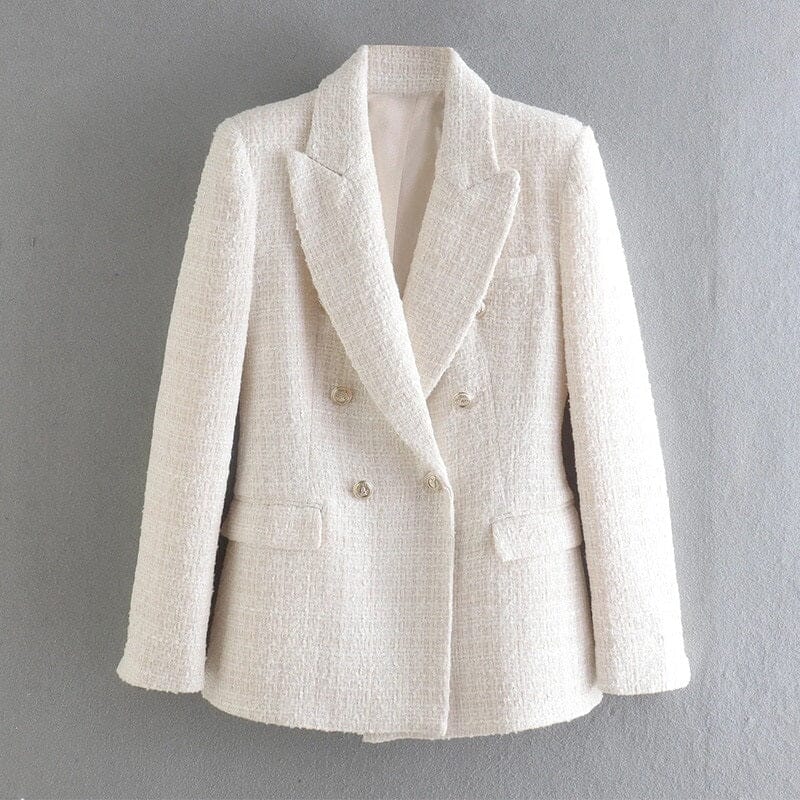 Women Long Sleeve Double Breasted Tweed Woolen Casual Open Front Blazer Jacket Outerwear Work Suits Coats & Jackets jehouze White XS 