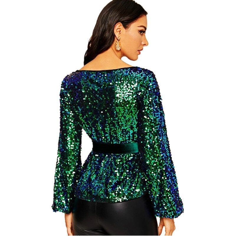 Women Long Sleeve Sequin Sparkle Glitter Pullover Tops with removable belts Shirts & Tops jehouze 