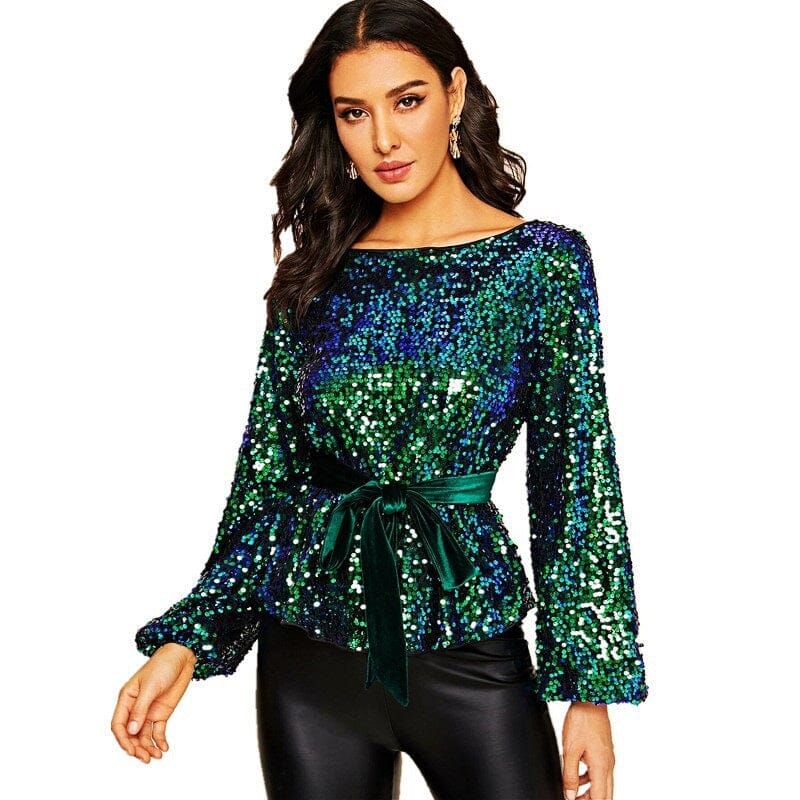 Women Long Sleeve Sequin Sparkle Glitter Pullover Tops with removable belts Shirts & Tops jehouze 