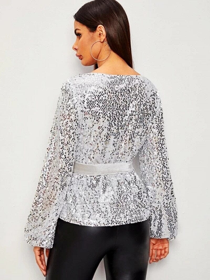 Women Long Sleeve Sequin Sparkle Glitter Pullover Tops with removable belts Shirts & Tops jehouze 