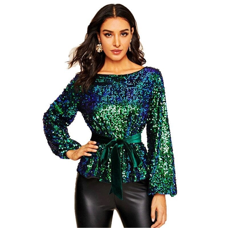 Women Long Sleeve Sequin Sparkle Glitter Pullover Tops with removable belts Shirts & Tops jehouze 