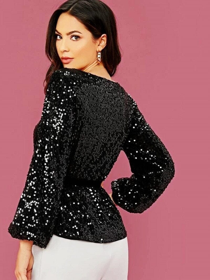 Women Long Sleeve Sequin Sparkle Glitter Pullover Tops with removable belts Shirts & Tops jehouze 