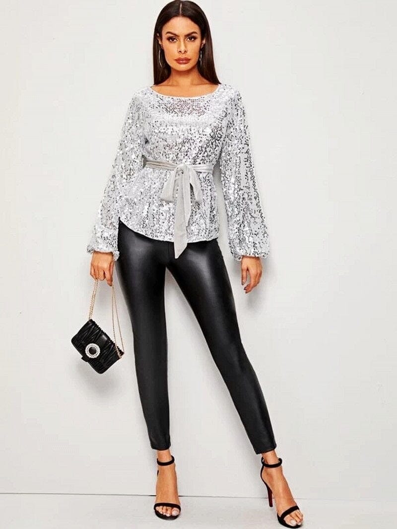 Women Long Sleeve Sequin Sparkle Glitter Pullover Tops with removable belts Shirts & Tops jehouze White S 