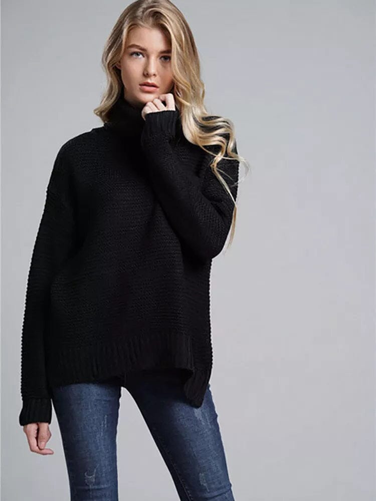 Women Long Sleeve Turtleneck Chunky Knit Loose Sweater Pullover Tops_ jehouze Black S 
