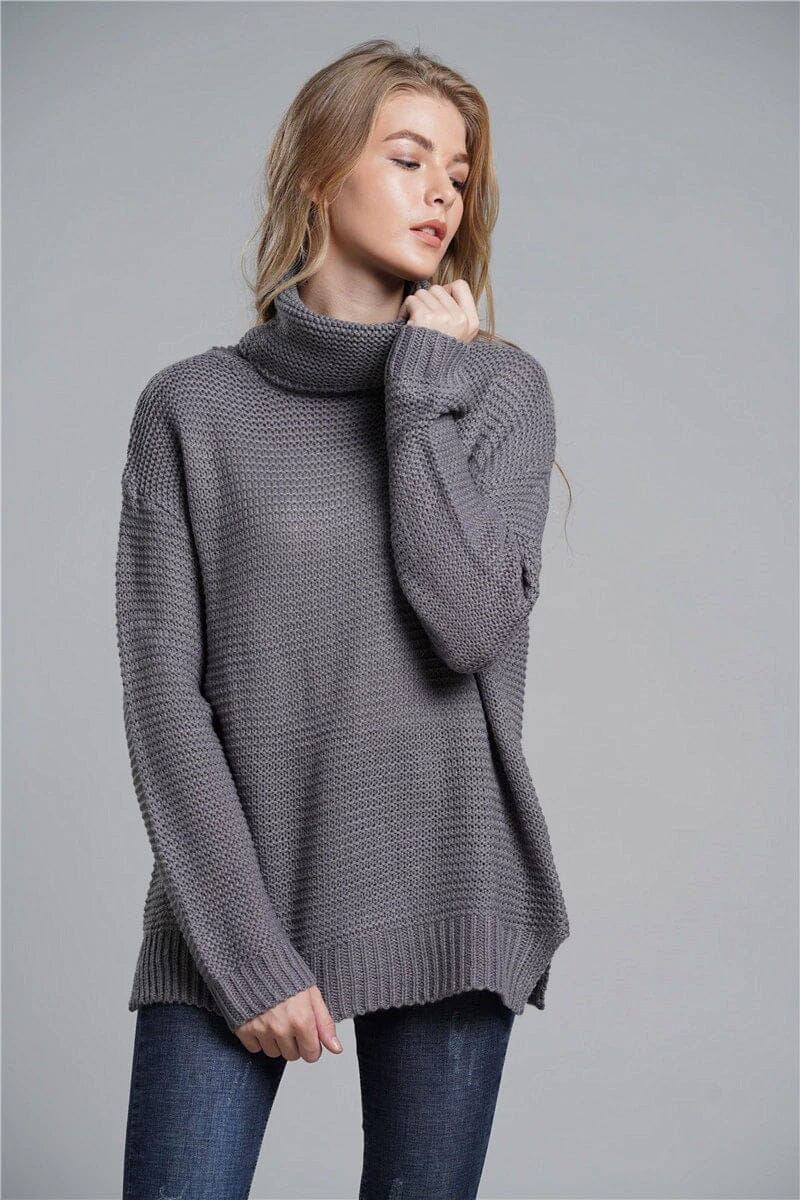Women Long Sleeve Turtleneck Chunky Knit Loose Sweater Pullover Tops_ jehouze Grey S 