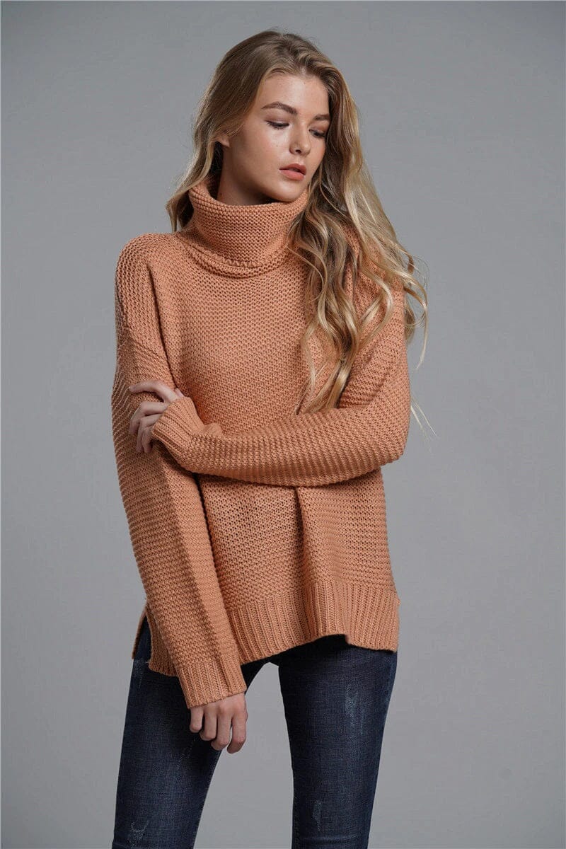 Women Long Sleeve Turtleneck Chunky Knit Loose Sweater Pullover Tops_ jehouze Pink M 