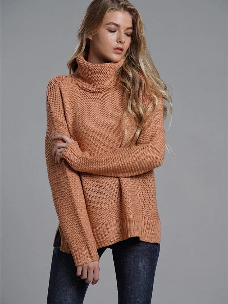 Women Long Sleeve Turtleneck Chunky Knit Loose Sweater Pullover Tops_ jehouze Pink S 