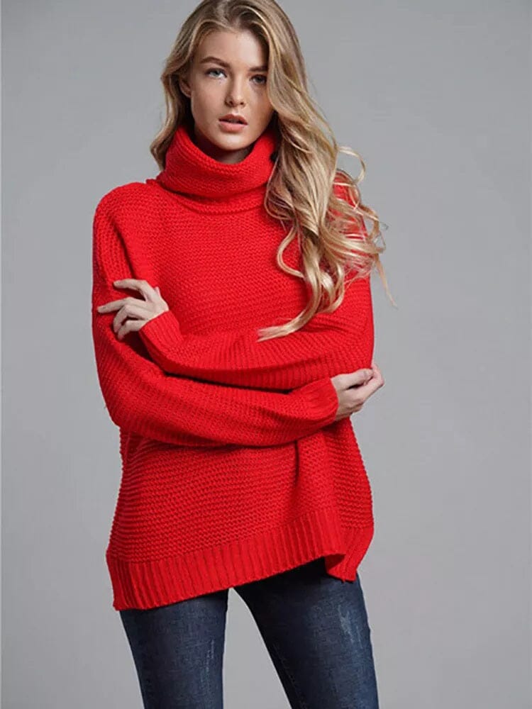 Women Long Sleeve Turtleneck Chunky Knit Loose Sweater Pullover Tops_ jehouze Red S 