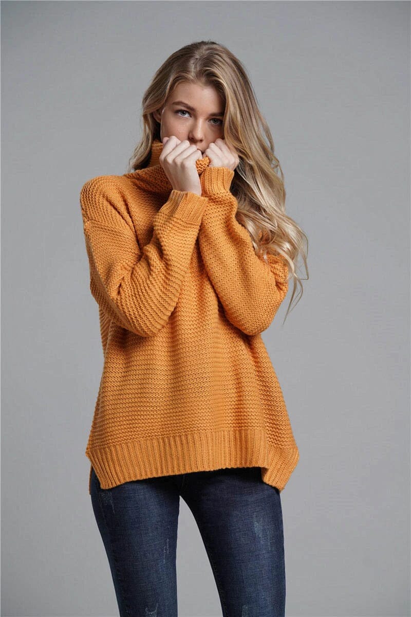 Women Long Sleeve Turtleneck Chunky Knit Loose Sweater Pullover Tops_ jehouze Yellow S 