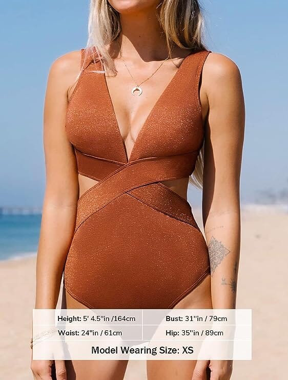 Women One piece V Neck Cutout Wide Straps Back Hook Shiny Texture Monokini Swimwear Swimwear jehouze 