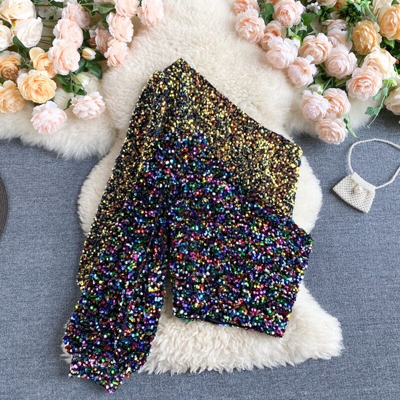 Women One Shoulder Long Puff Sleeve Glitter Sequin Clubwear Crop Top jehouze 