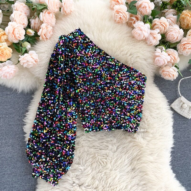 Women One Shoulder Long Puff Sleeve Glitter Sequin Clubwear Crop Top jehouze Multi ONE SIZE 