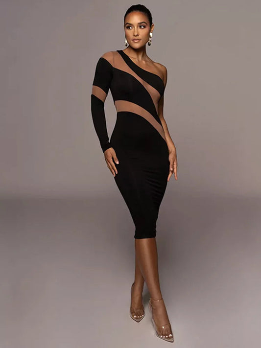 Women One Shoulder Long Sleeve Mesh Sheer Elegant Party Club Bodycon Midi Dress Dresses jehouze Black S 