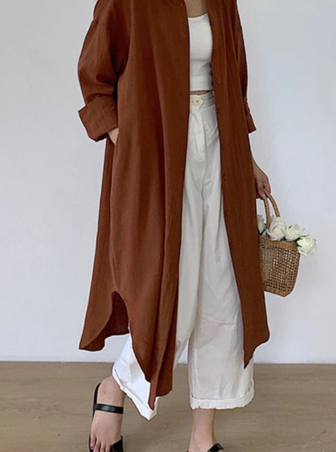 Women Oversize Button Down Rolled Up Sleeve Long Cotton Blouse Midi Dress_ Dresses jehouze 