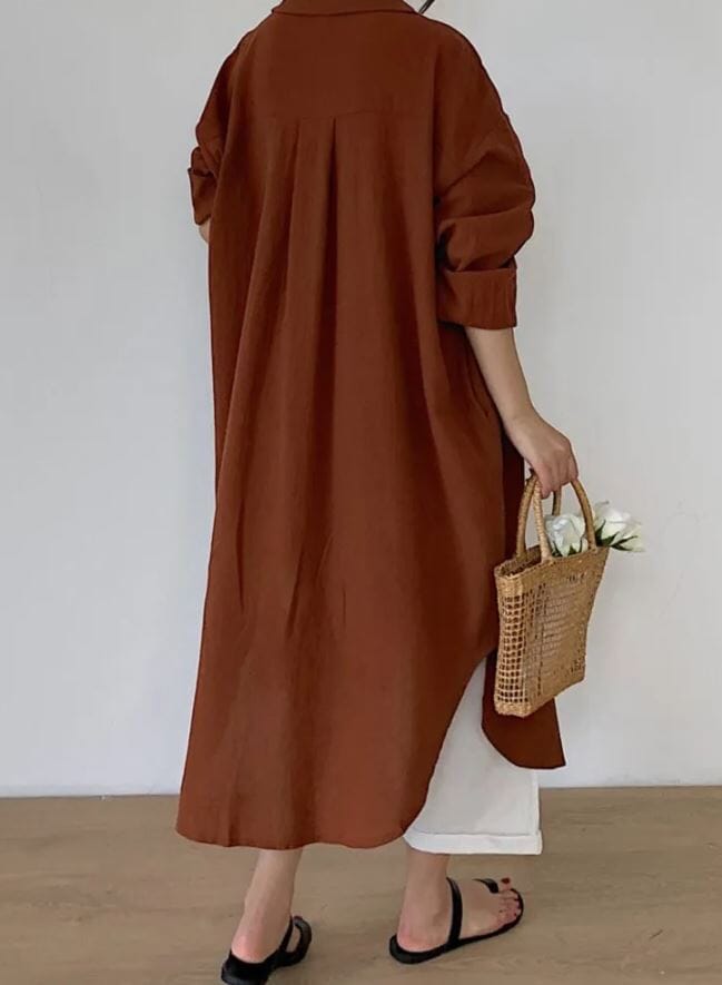 Women Oversize Button Down Rolled Up Sleeve Long Cotton Blouse Midi Dress_ Dresses jehouze 