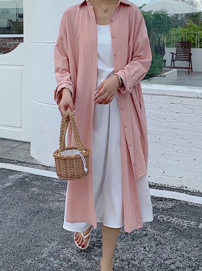 Women Oversize Button Down Rolled Up Sleeve Long Cotton Blouse Midi Dress_ Dresses jehouze 