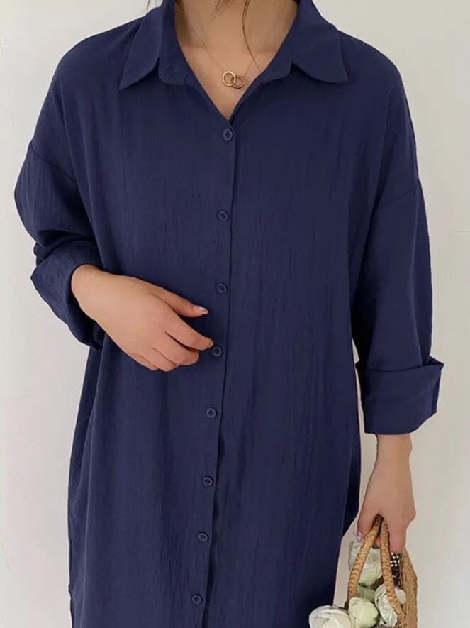 Women Oversize Button Down Rolled Up Sleeve Long Cotton Blouse Midi Dress_ Dresses jehouze 