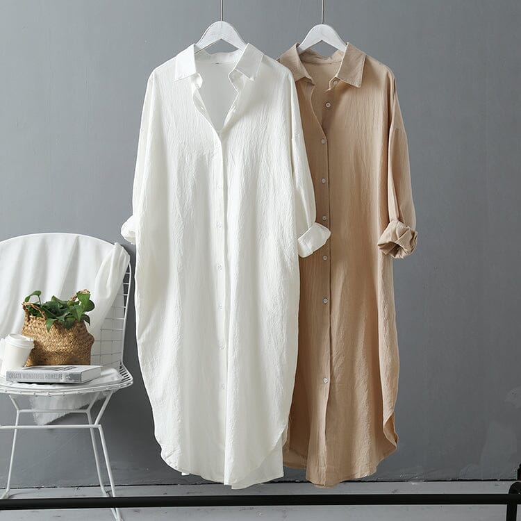 Women Oversize Button Down Rolled Up Sleeve Long Cotton Blouse Midi Dress Dresses jehouze 