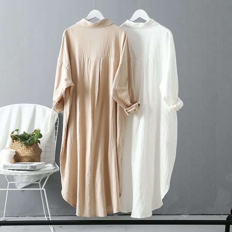 Women Oversize Button Down Rolled Up Sleeve Long Cotton Blouse Midi Dress Dresses jehouze 