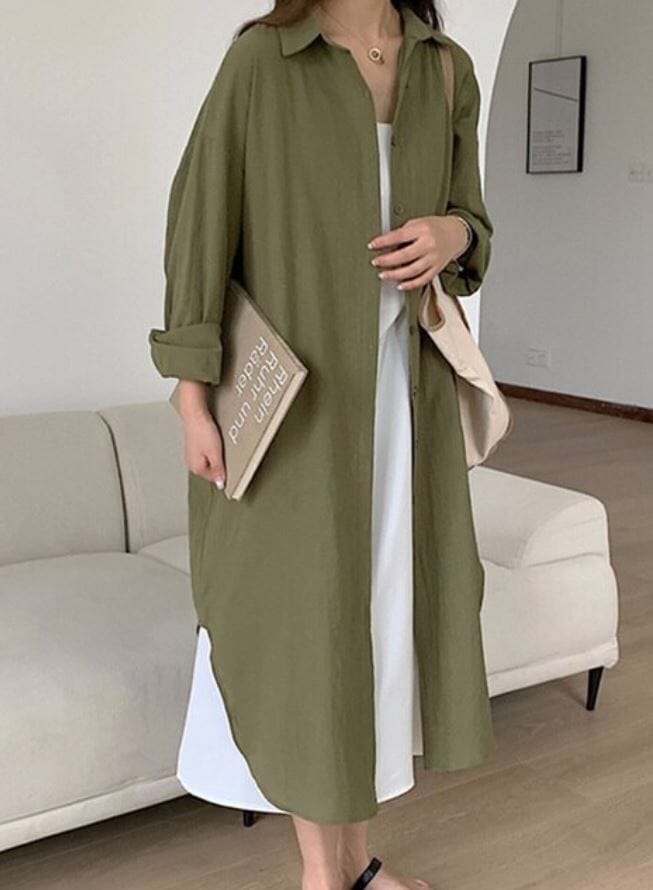 Women Oversize Button Down Rolled Up Sleeve Long Cotton Blouse Midi Dress_ Dresses jehouze 