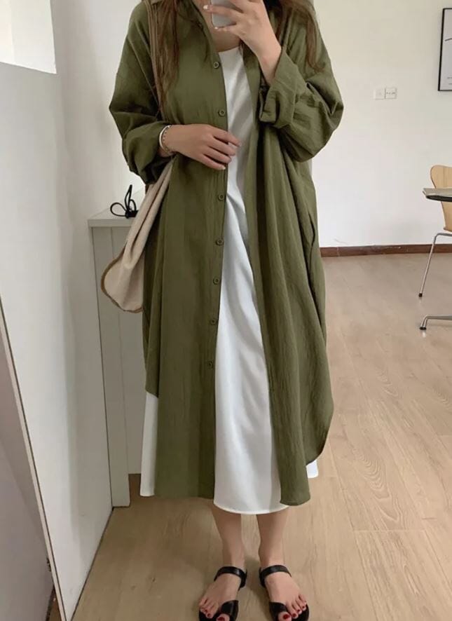 Women Oversize Button Down Rolled Up Sleeve Long Cotton Blouse Midi Dress_ Dresses jehouze 