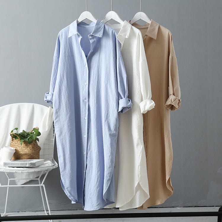 Women Oversize Button Down Rolled Up Sleeve Long Cotton Blouse Midi Dress Dresses jehouze 