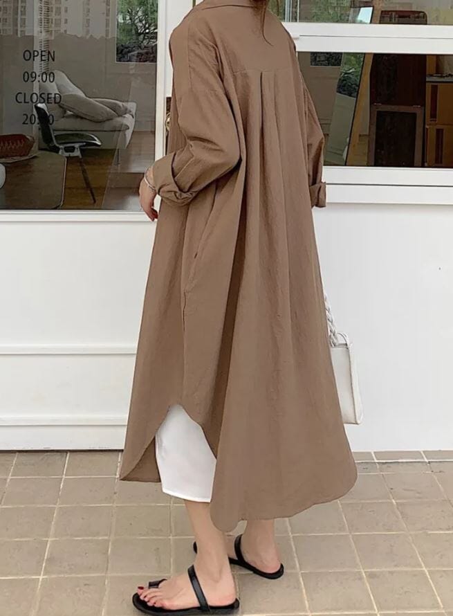 Women Oversize Button Down Rolled Up Sleeve Long Cotton Blouse Midi Dress_ Dresses jehouze 