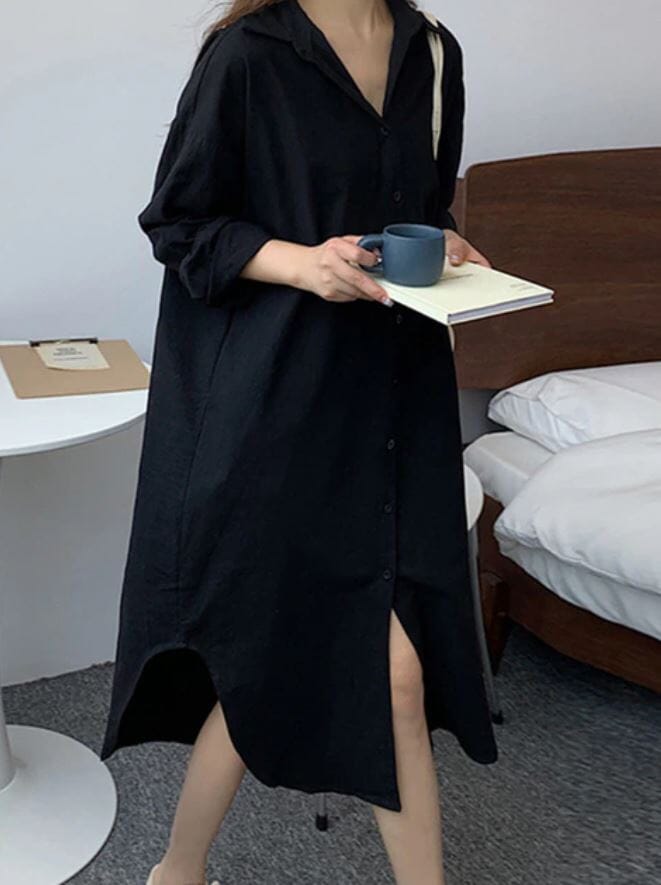 Women Oversize Button Down Rolled Up Sleeve Long Cotton Blouse Midi Dress_ Dresses jehouze 