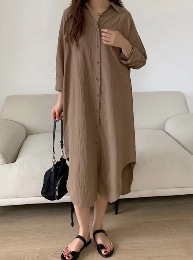 Women Oversize Button Down Rolled Up Sleeve Long Cotton Blouse Midi Dress_ Dresses jehouze 