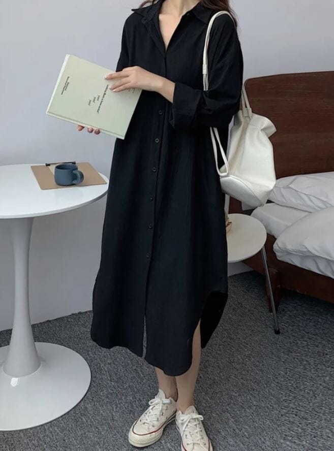 Women Oversize Button Down Rolled Up Sleeve Long Cotton Blouse Midi Dress_ Dresses jehouze Black S 