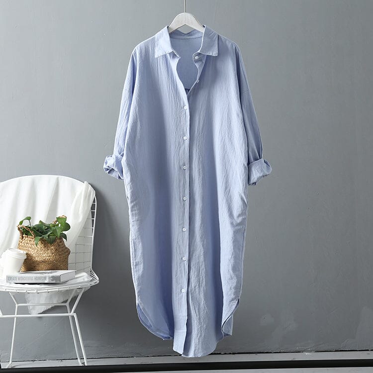 Women Oversize Button Down Rolled Up Sleeve Long Cotton Blouse Midi Dress Dresses jehouze Blue S 