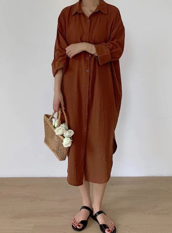 Women Oversize Button Down Rolled Up Sleeve Long Cotton Blouse Midi Dress_ Dresses jehouze Brown S 