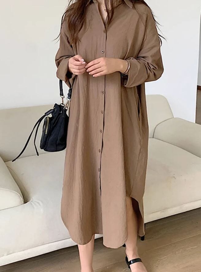 Women Oversize Button Down Rolled Up Sleeve Long Cotton Blouse Midi Dress_ Dresses jehouze Dark Khaki S 