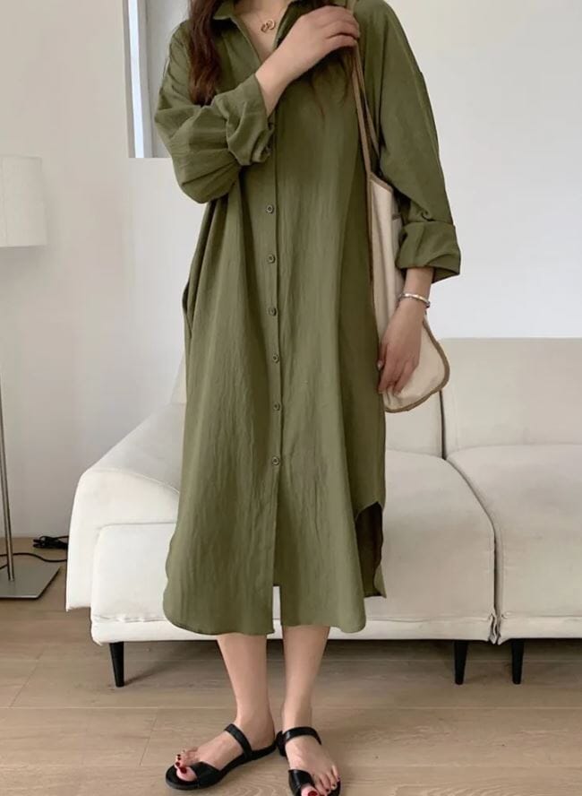 Women Oversize Button Down Rolled Up Sleeve Long Cotton Blouse Midi Dress_ Dresses jehouze Green S 