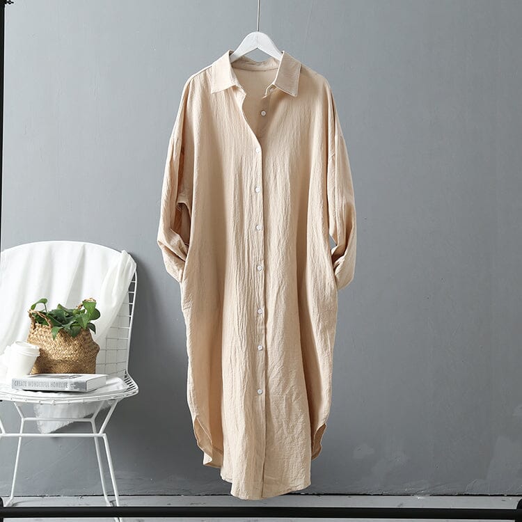 Women Oversize Button Down Rolled Up Sleeve Long Cotton Blouse Midi Dress Dresses jehouze Khaki S 