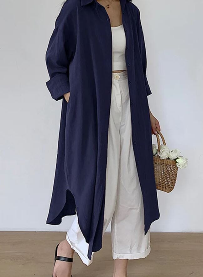 Women Oversize Button Down Rolled Up Sleeve Long Cotton Blouse Midi Dress_ Dresses jehouze Navy Blue S 