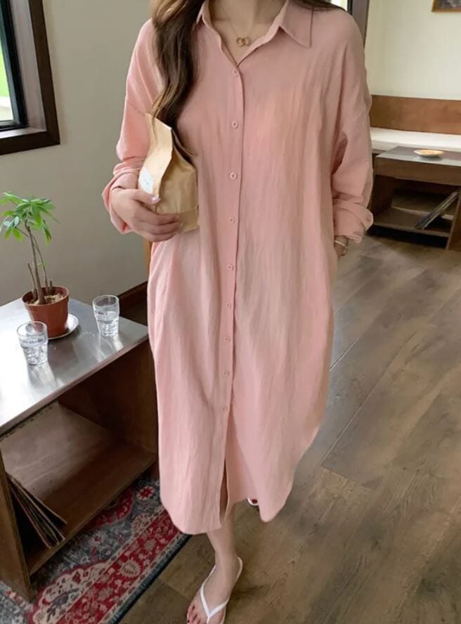 Women Oversize Button Down Rolled Up Sleeve Long Cotton Blouse Midi Dress_ Dresses jehouze Pink S 