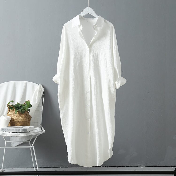 Women Oversize Button Down Rolled Up Sleeve Long Cotton Blouse Midi Dress Dresses jehouze White S 