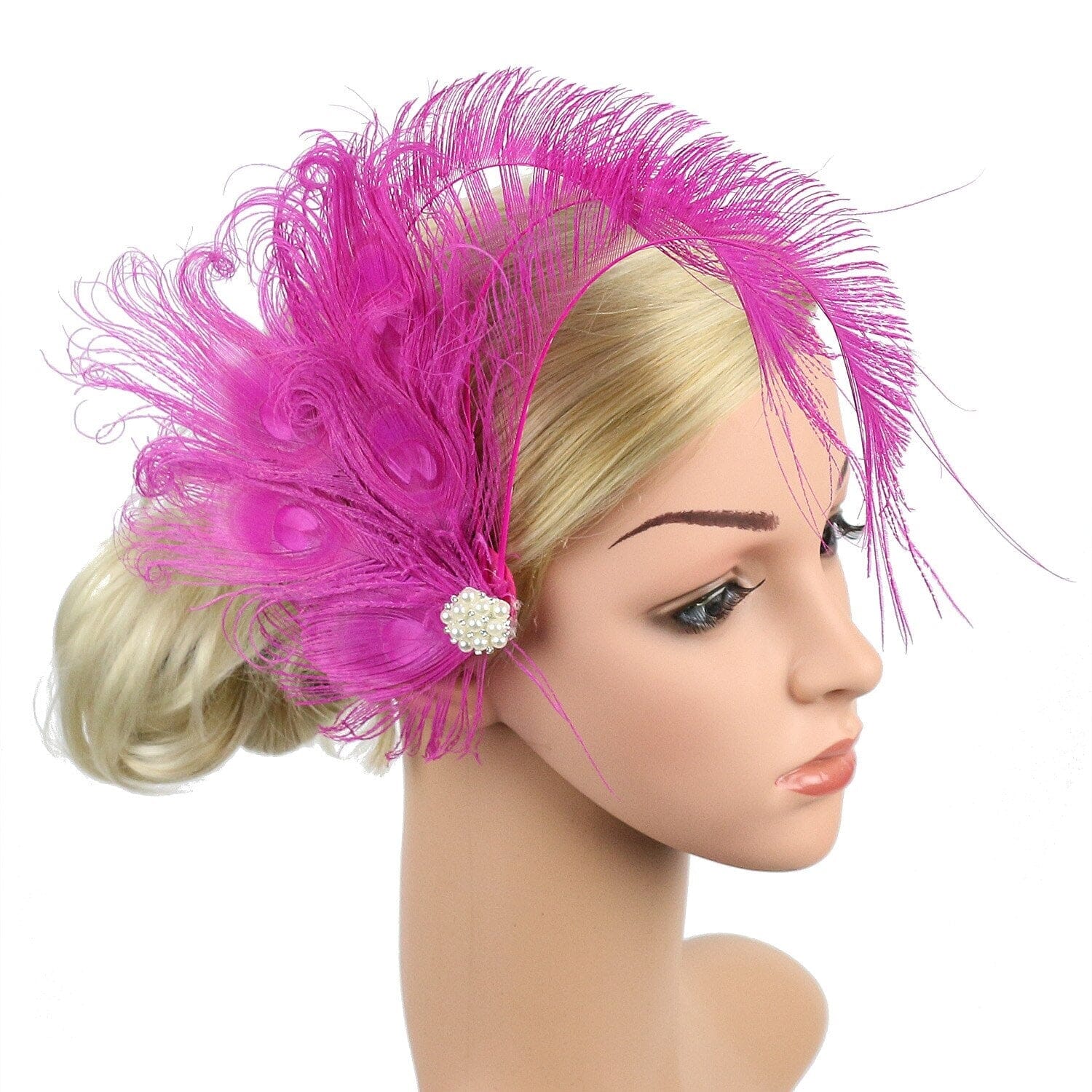 Women Peacock Feather Hair Clip with Pearl Rhinestone Fascinator 1920s Gatsby Headpiece Hat jehouze Hot Pink 