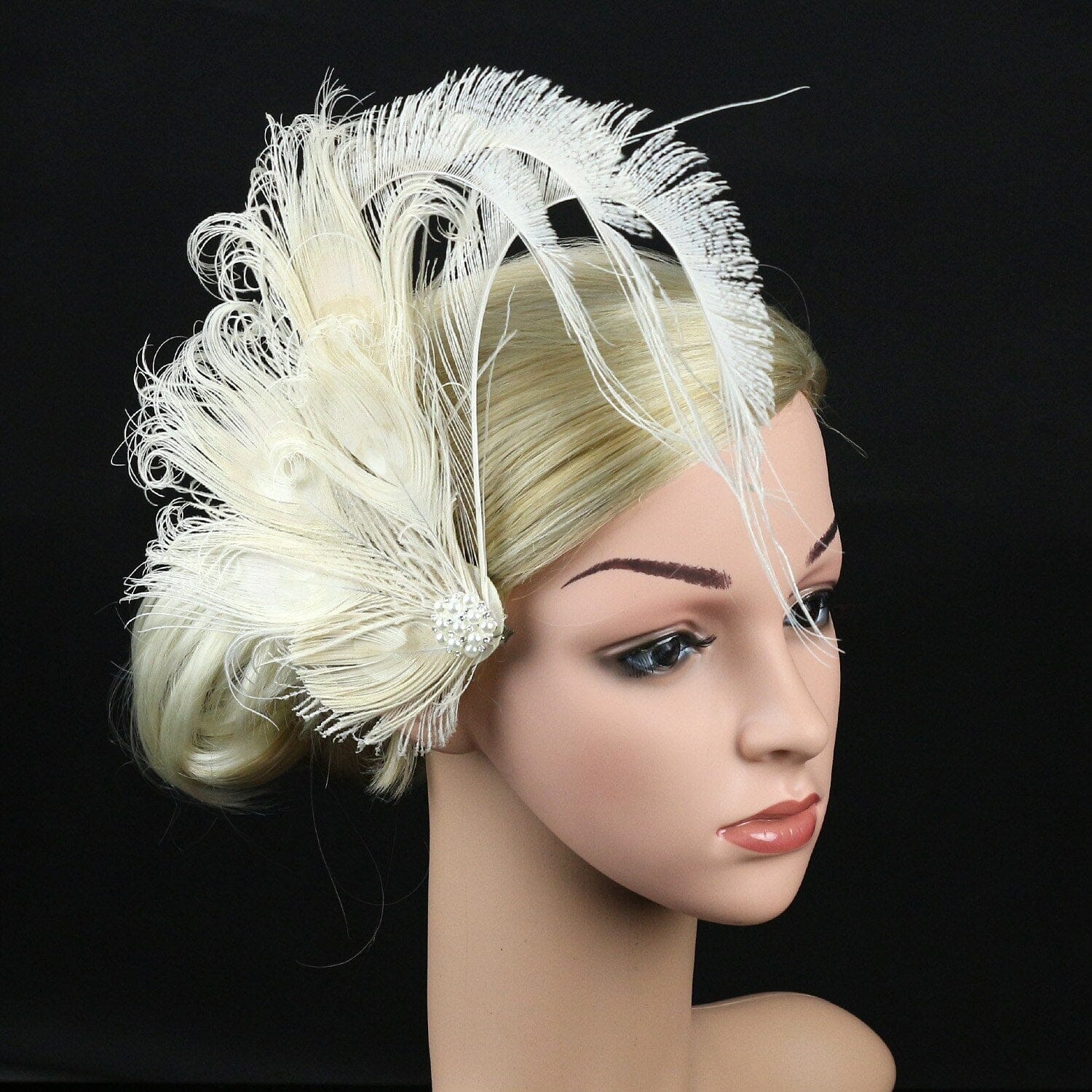 Women Peacock Feather Hair Clip with Pearl Rhinestone Fascinator 1920s Gatsby Headpiece Hat jehouze Ivory White 